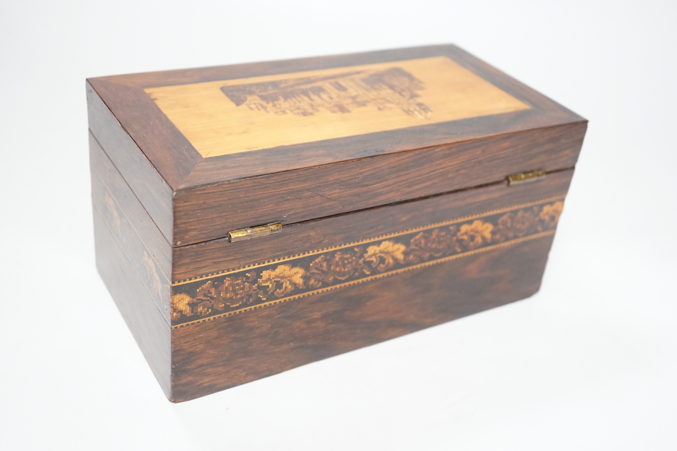 A 19th century Tunbridge ware rosewood tea caddy, 22cm wide